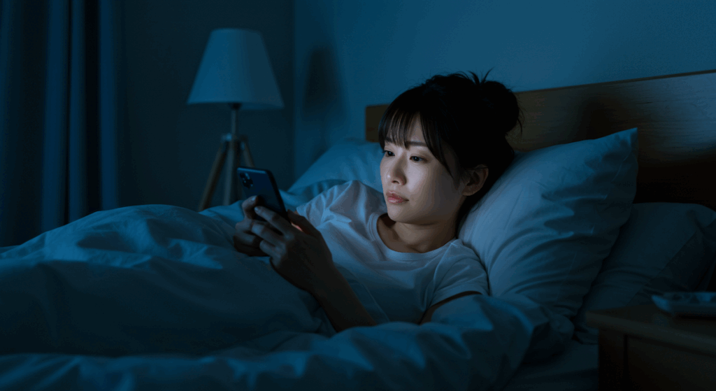 ベッドでスマホを見る女性
