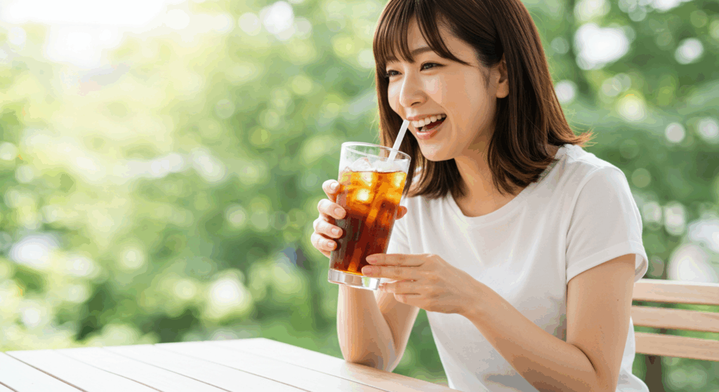 冷たいドリンクを飲む女性