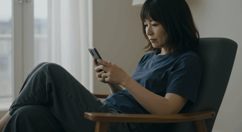 座ってスマホを見る女性