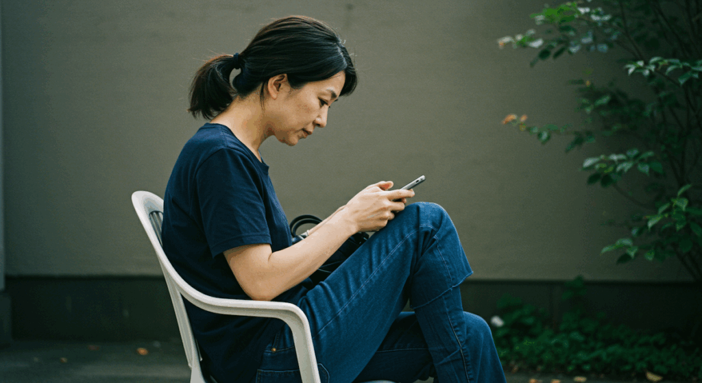 背中を丸めてスマホを見る女性